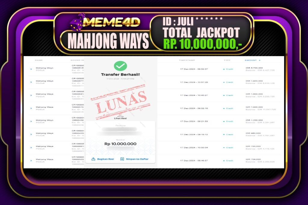 Bukti Jp MEME4D Slot Online 17 DESEMBER 2024