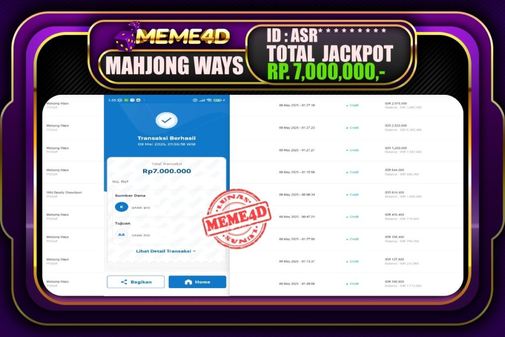Bukti Jp MEME4D Slot Online 09 Mei 2025