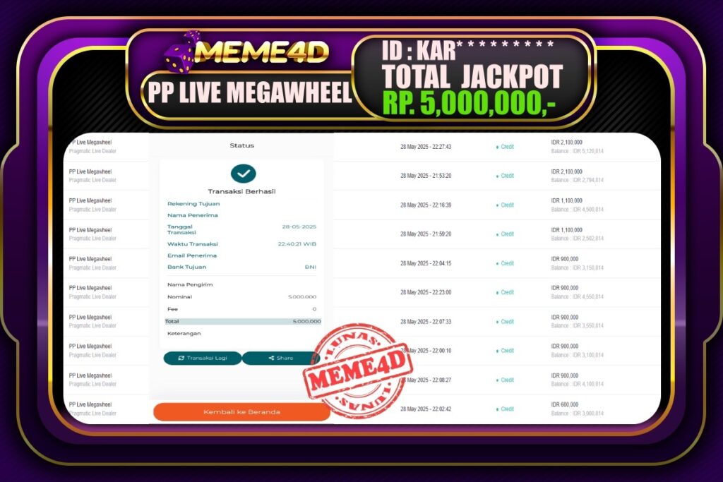 Bukti Jp MEME4D Casino Online 29 Mei 2025
