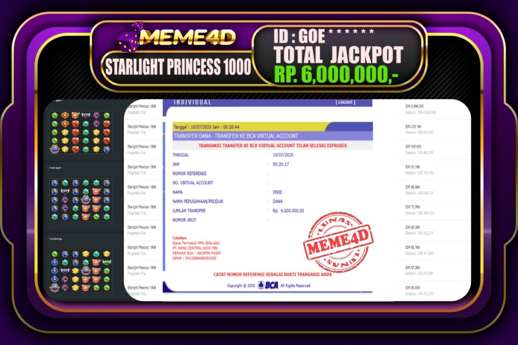 Bukti Jp MEME4D Slot Online 10 Juli 2025