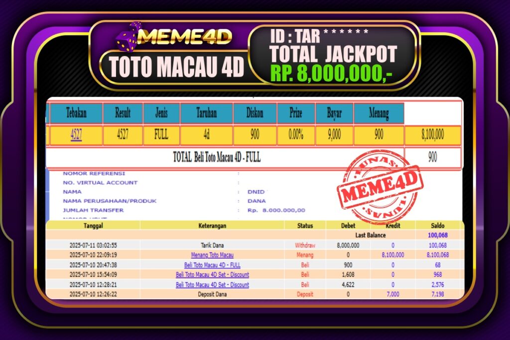 Bukti Jp MEME4D Togel Online 11 Juli 2025