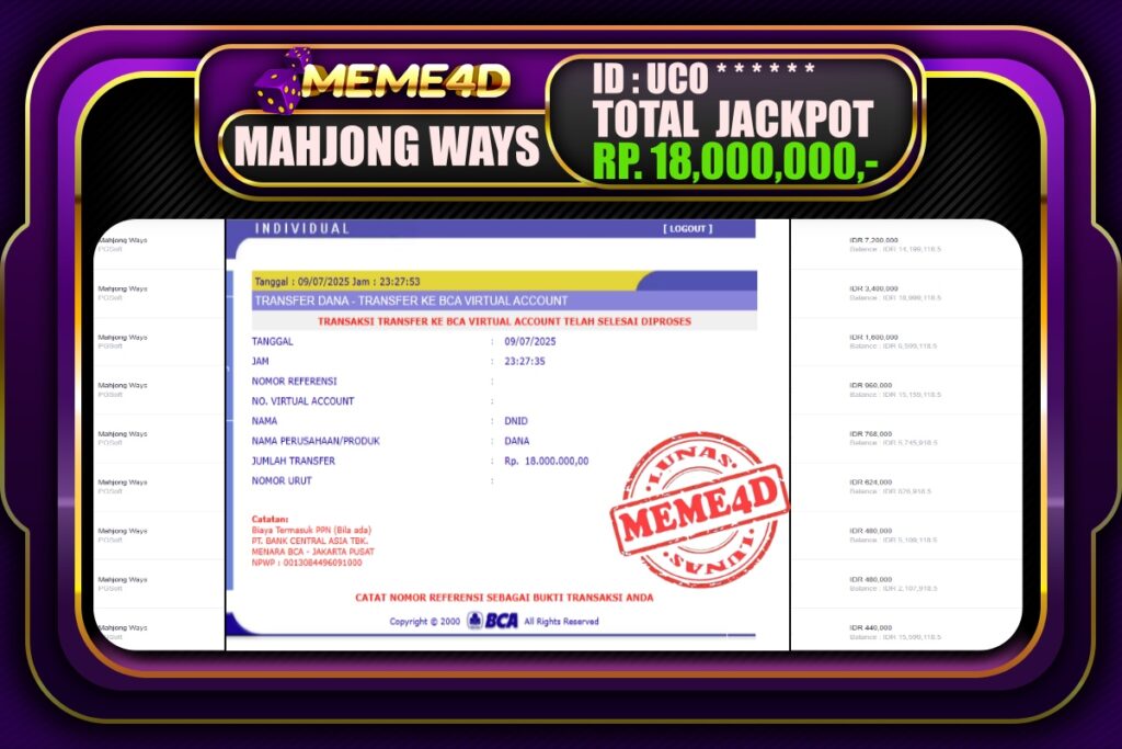 Bukti Jp MEME4D Slot Online 10 Juli 2025