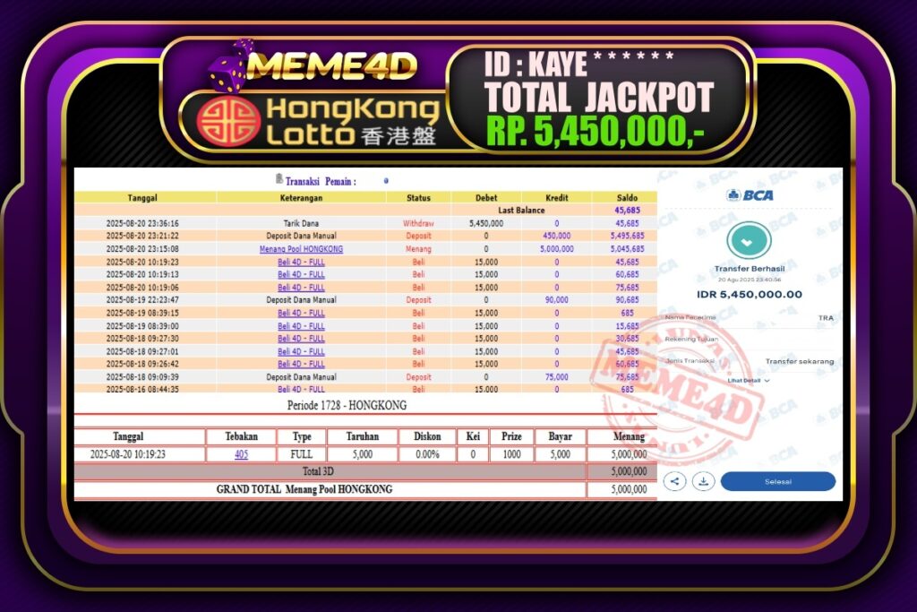 Bukti Jp MEME4D Togel Online 21 Agustus 2025