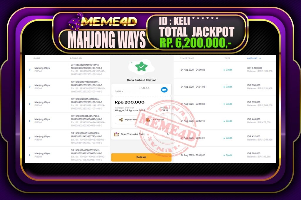 Bukti Jp MEME4D Slot Online 24 Agustus 2025