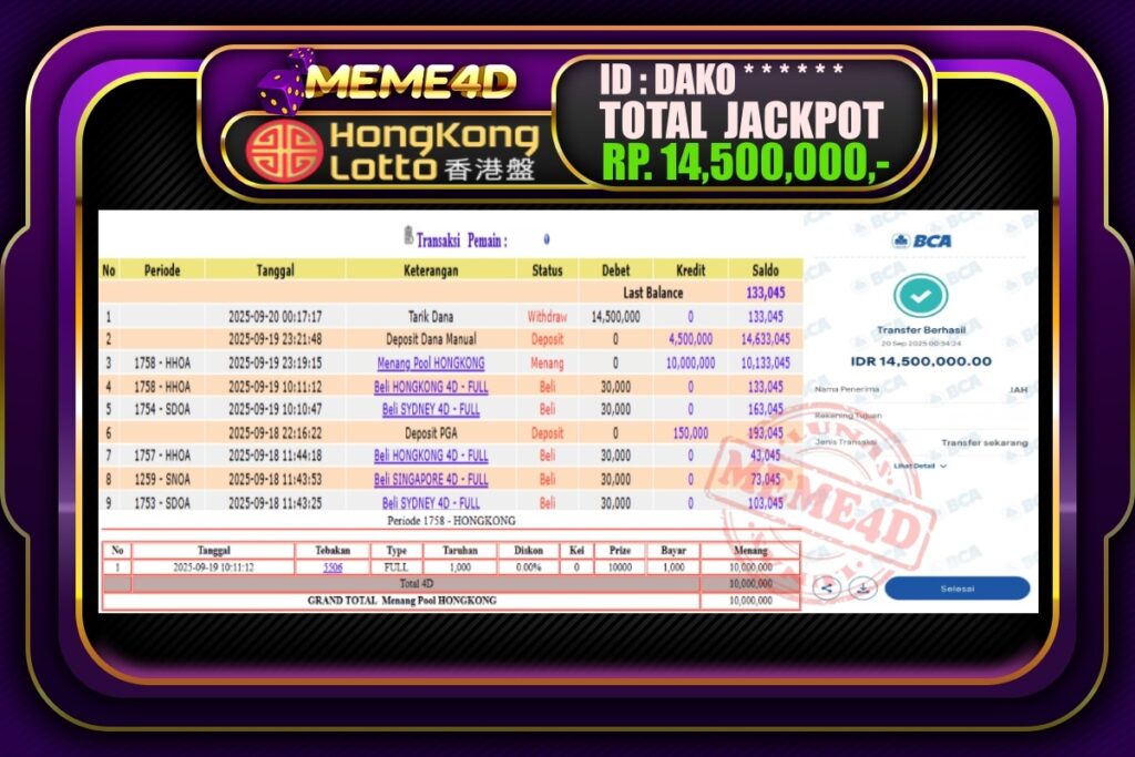 Bukti Jp MEME4D Togel Online 20 September 2025