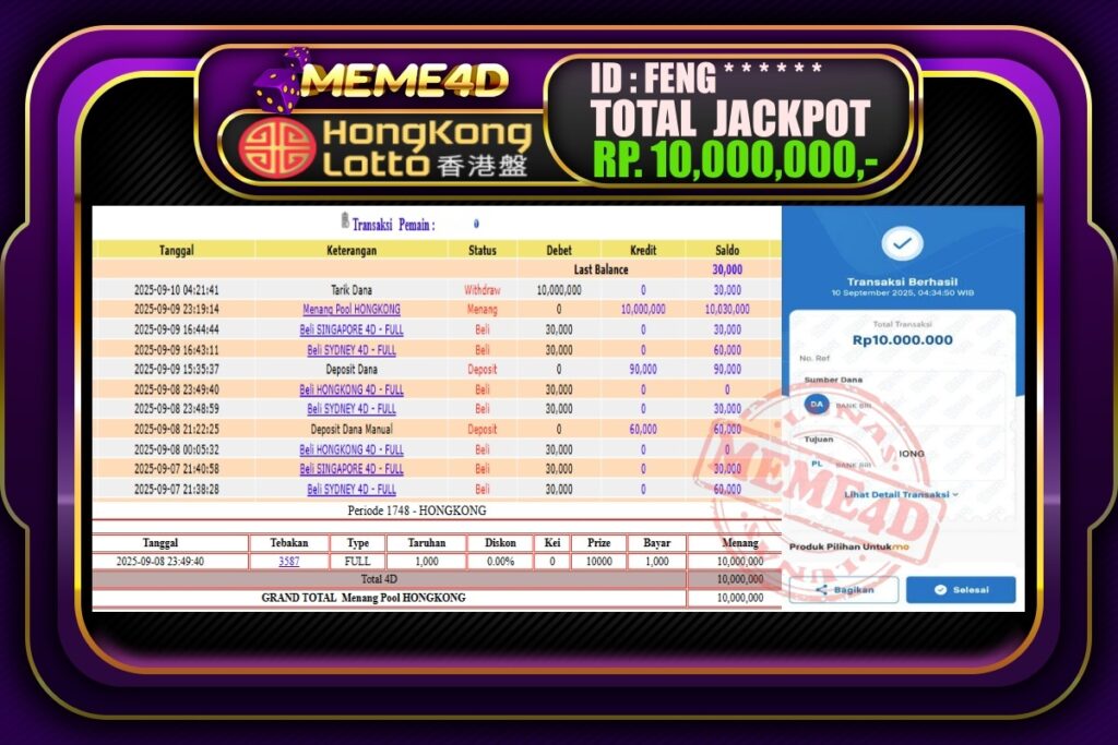 Bukti Jp MEME4D Togel Online 10 September 2025