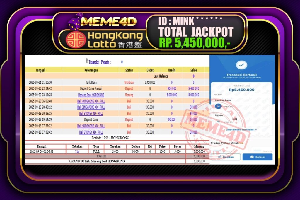 Bukti Jp MEME4D Togel Online 21 September 2025