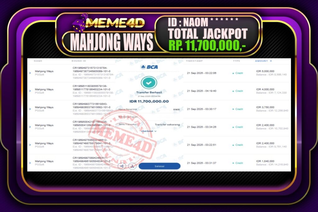 Bukti Jp MEME4D Slot Online 21 September 2025