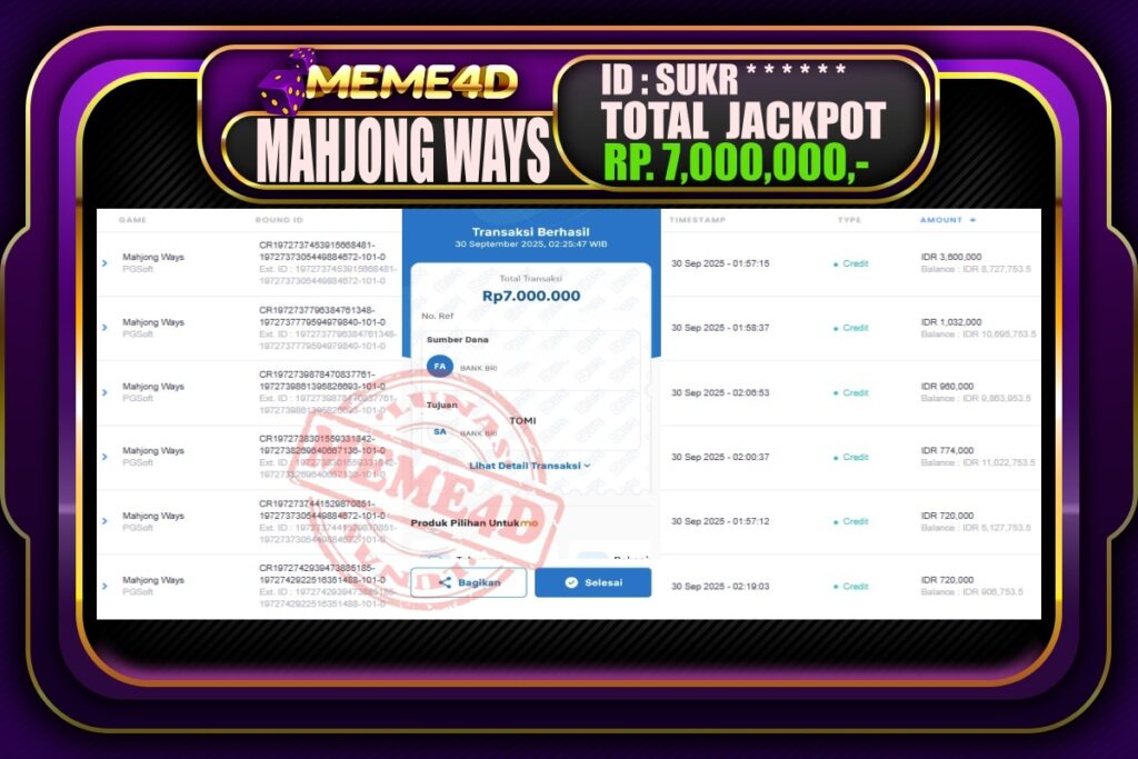 Bukti Jp MEME4D Slot Online 30 September 2025