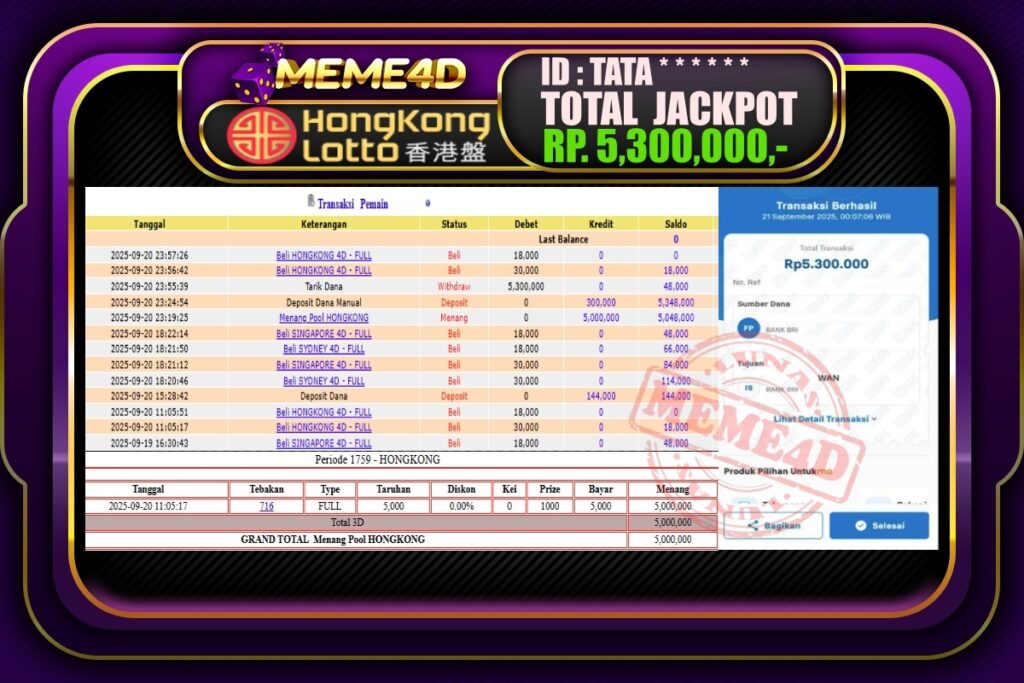 Bukti Jp MEME4D Togel Online 21 September 2025