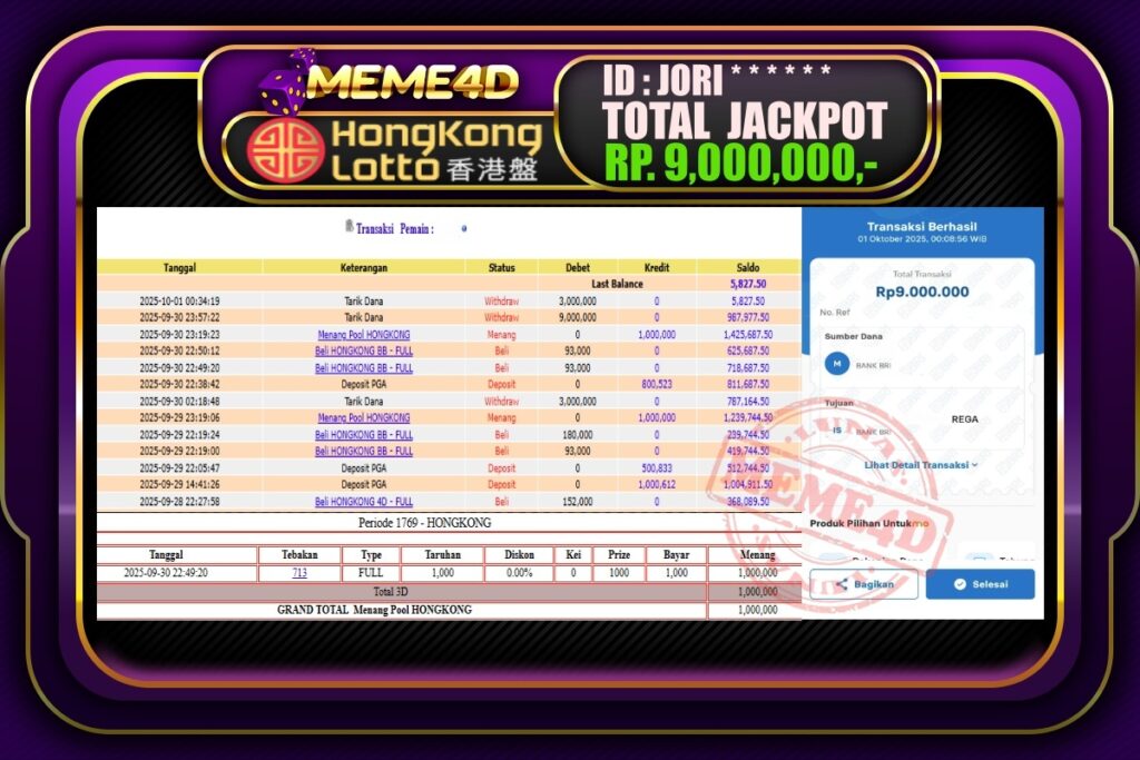 Bukti Jp MEME4D Togel Online 01 Oktober 2025