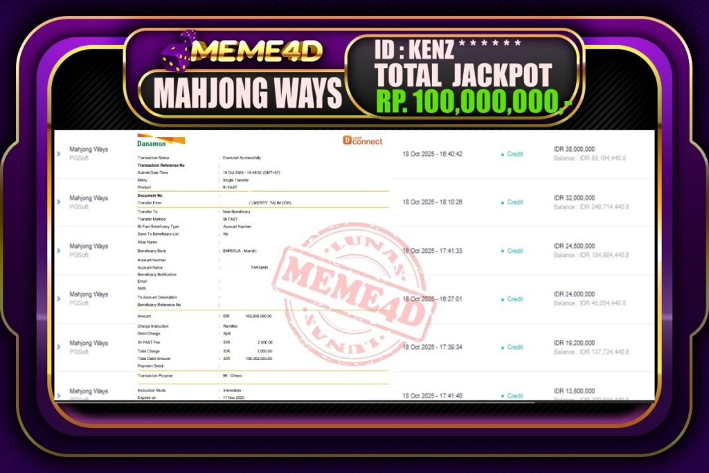 Bukti Jp MEME4D Slot Online 19 Oktober 2025