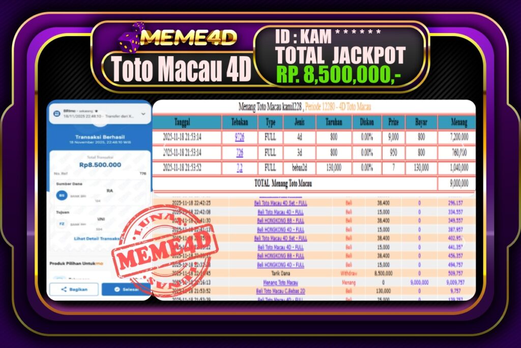Bukti Jp MEME4D Togel Online 19 November 2025