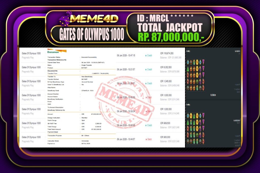 Bukti Jp MEME4D Slot Online 10 Januari 2026
