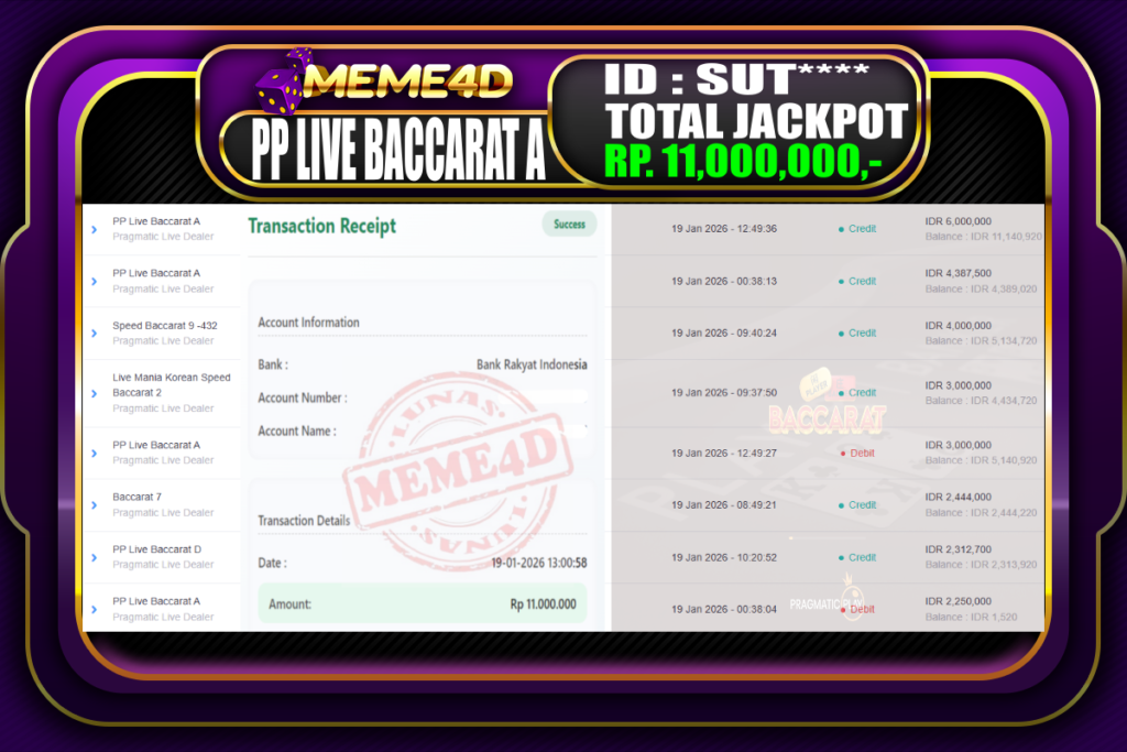 Bukti Jp MEME4D Casino Online 19 Januari 2026