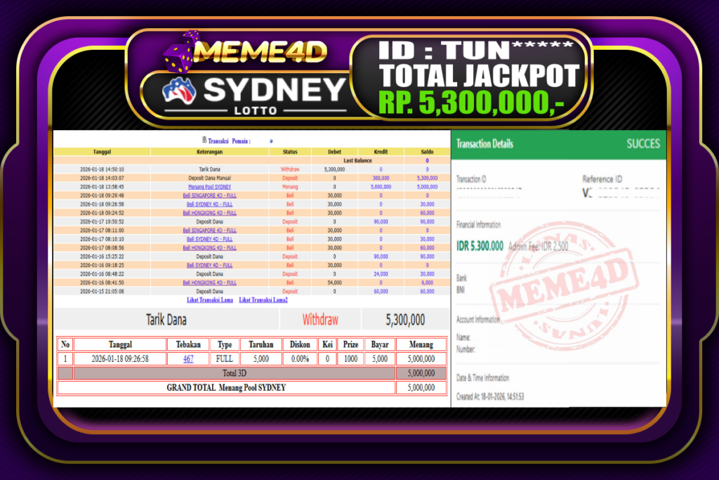 Bukti Jp MEME4D Togel Online 18 Januari 2026