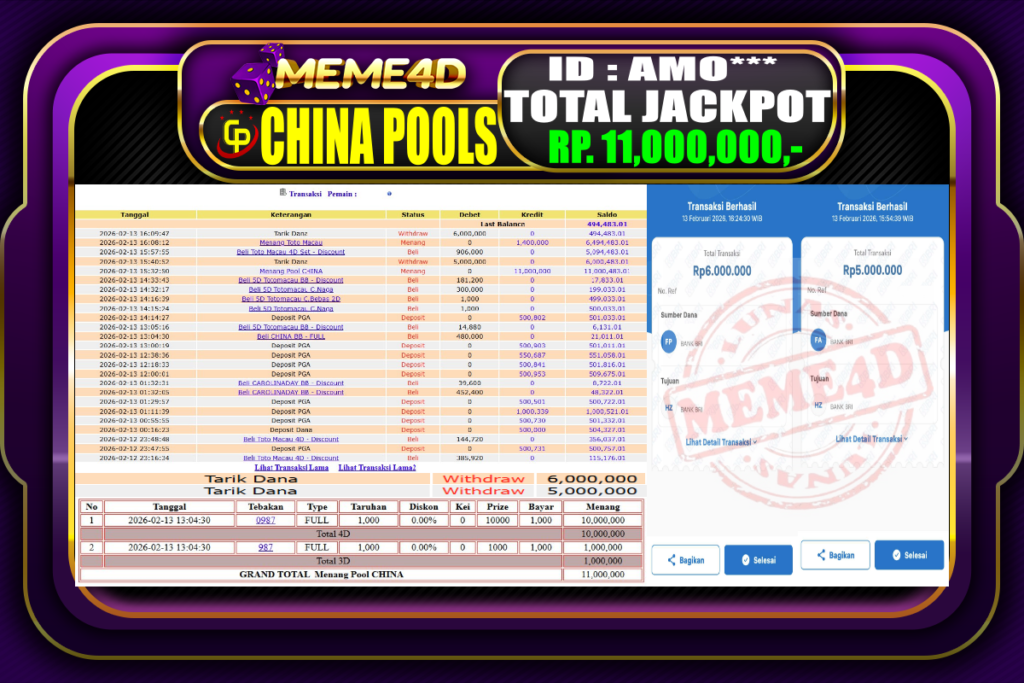 Bukti Jp MEME4D Togel Online 13 February 2026