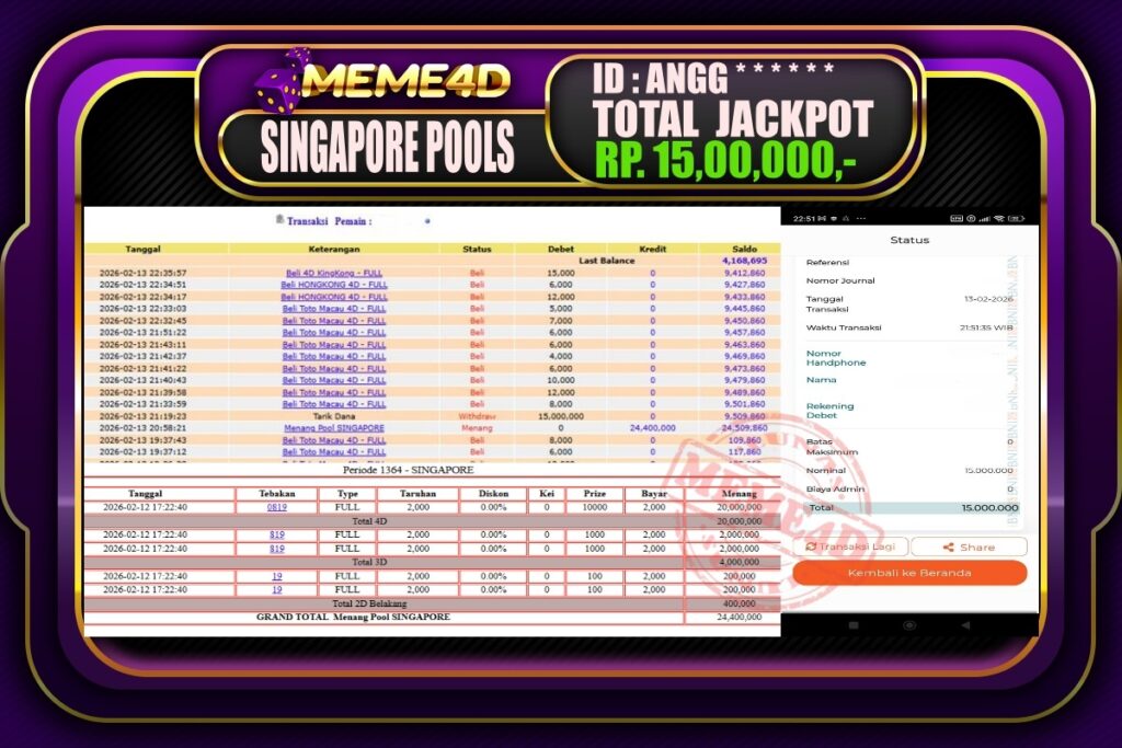 Bukti Jp MEME4D Togel Online 14 February 2026