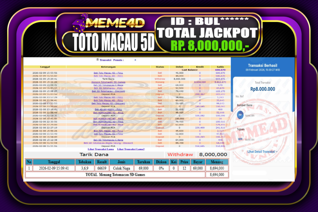 Bukti Jp MEME4D Togel Online 09 February 2026