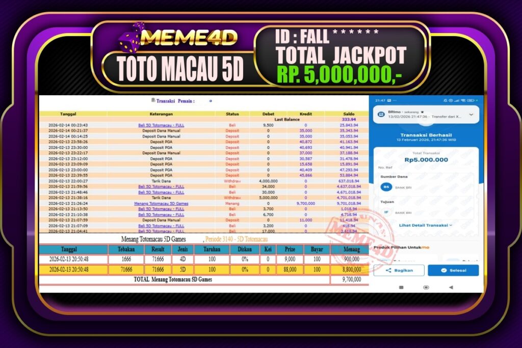 Bukti Jp MEME4D Togel Online 14 February 2026