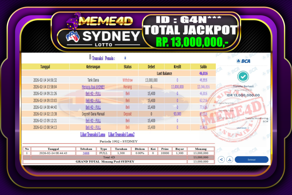 Bukti Jp MEME4D Togel Online 14 February 2026