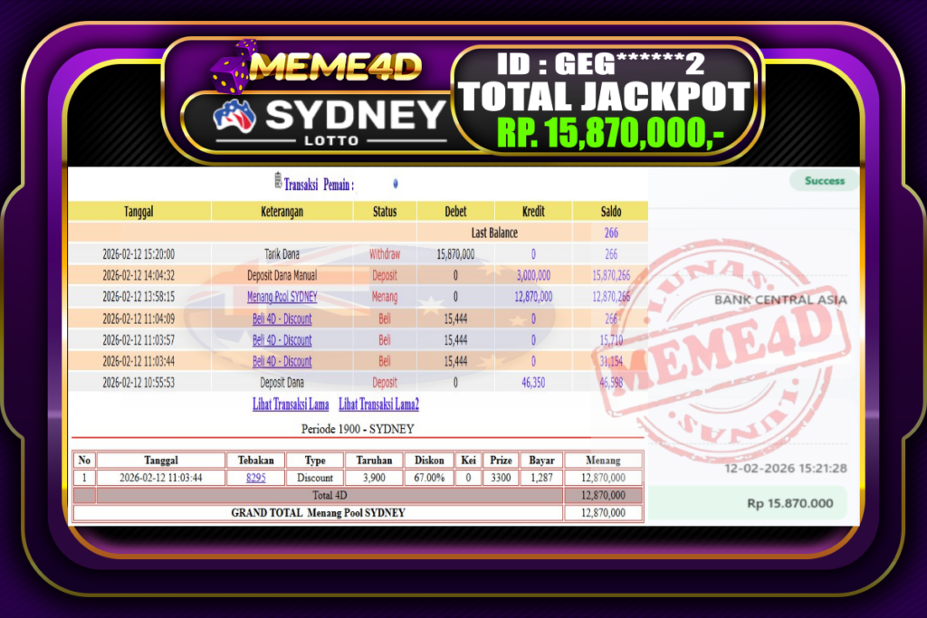 Bukti Jp MEME4D Togel Online 12 February 2026
