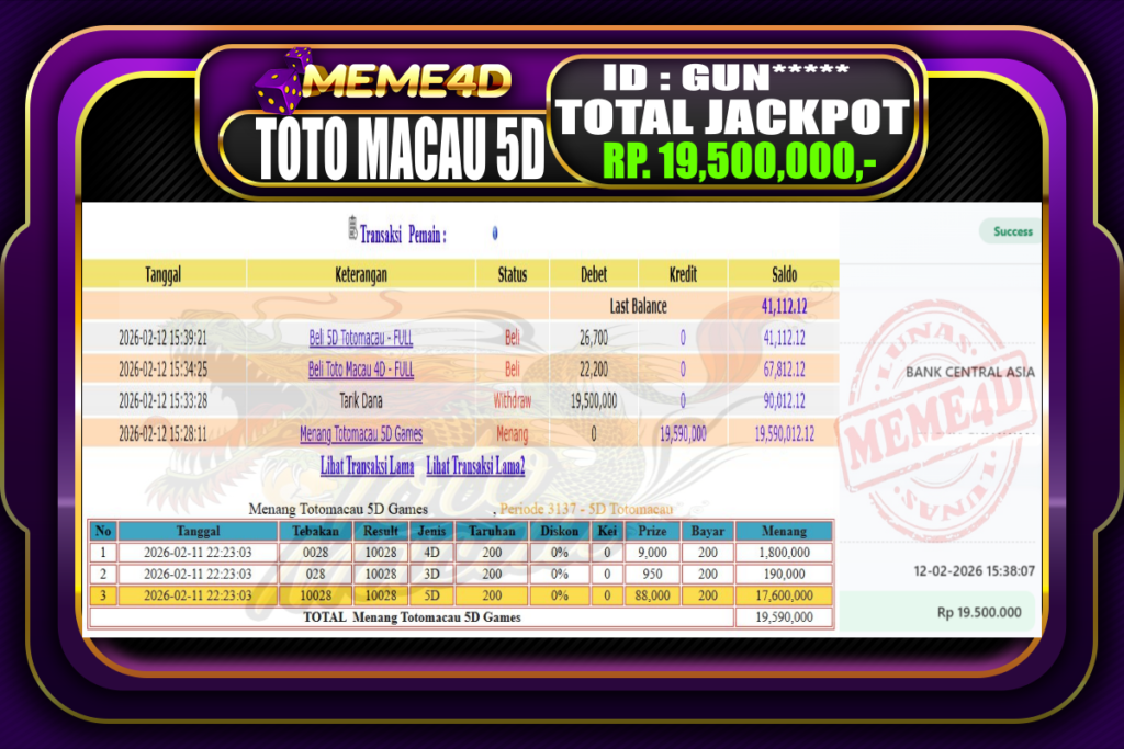 Bukti Jp MEME4D Togel Online 12 February 2026