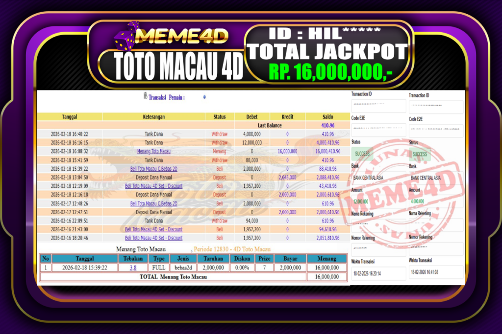 Bukti Jp MEME4D Togel Online 18 February 2026