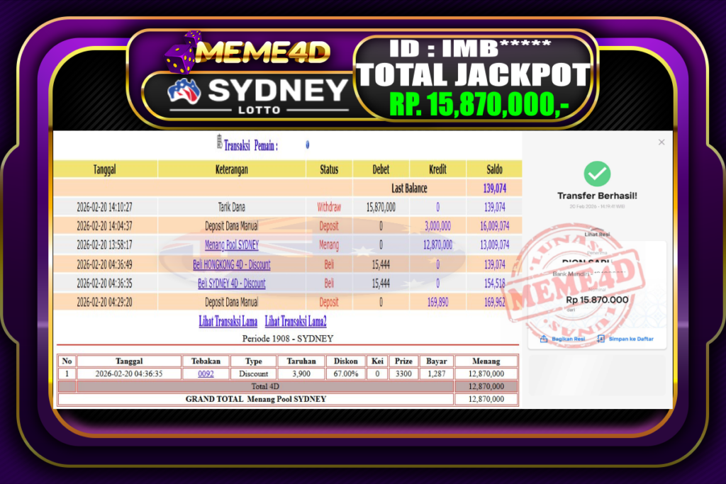 Bukti Jp MEME4D Togel Online 20 February 2026