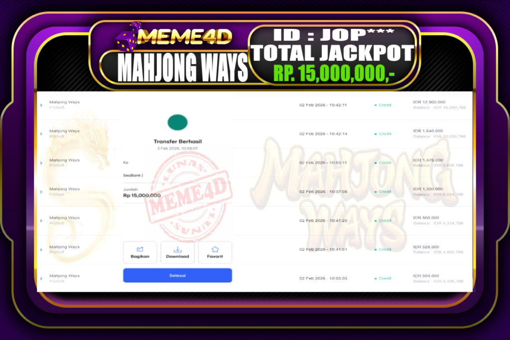 Bukti Jp MEME4D Slot Online 02 February 2026