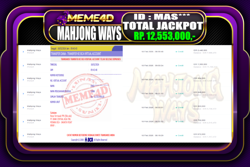 Bukti Jp MEME4D Slot Online 18 February 2026