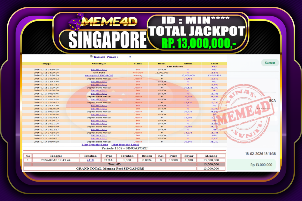 Bukti Jp MEME4D Togel Online 18 February 2026