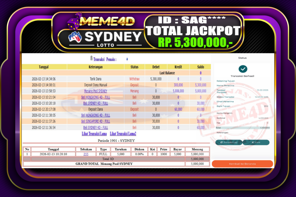 Bukti Jp MEME4D Togel Online 13 February 2026
