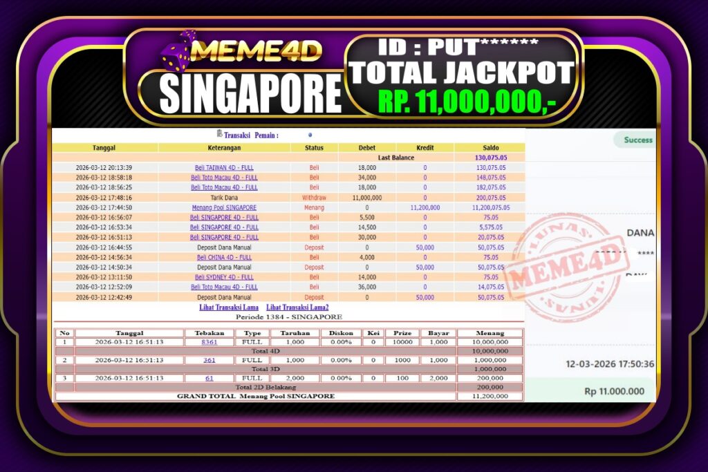 Bukti Jp MEME4D Togel Online 12 March 2026