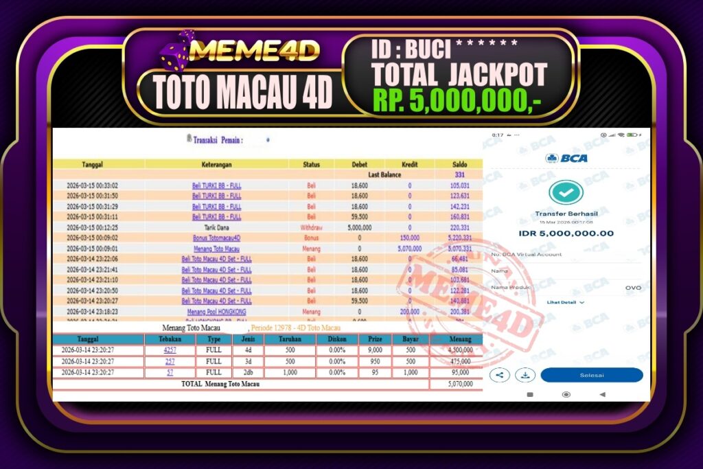 Bukti Jp MEME4D Togel Online 15 March 2026