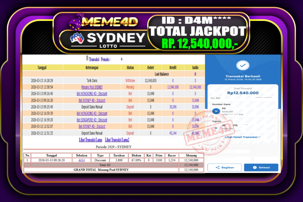 Bukti Jp MEME4D Togel Online 13 March 2026