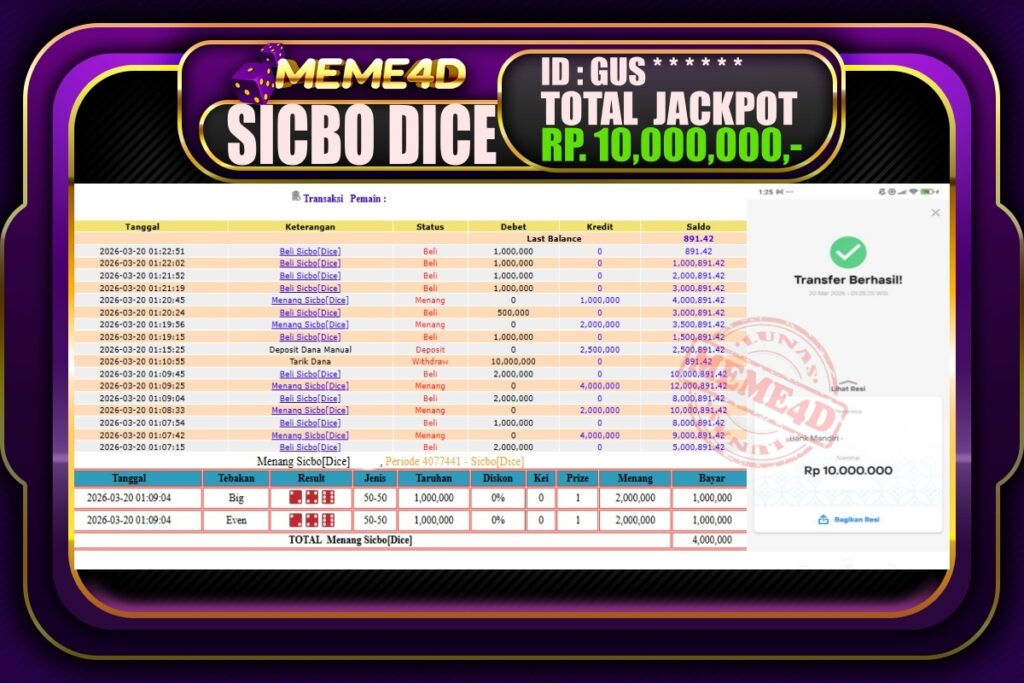 Bukti Jp MEME4D Casino Online 20 March 2026