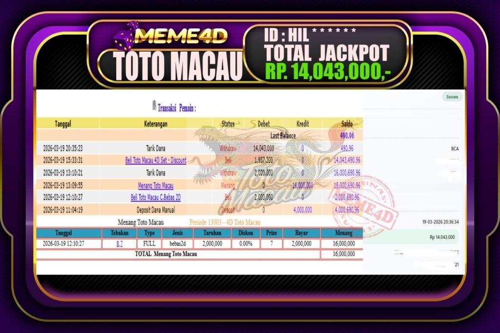 Bukti Jp MEME4D Togel Online 20 March 2026