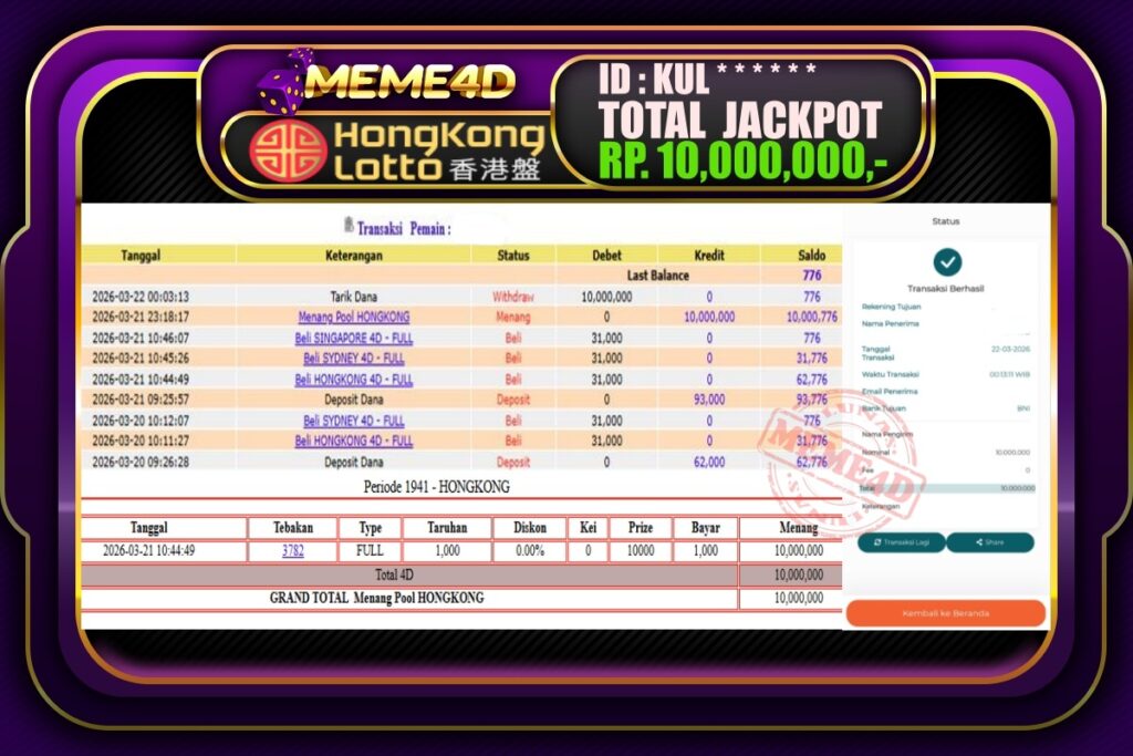 Bukti Jp MEME4D Togel Online 22 March 2026