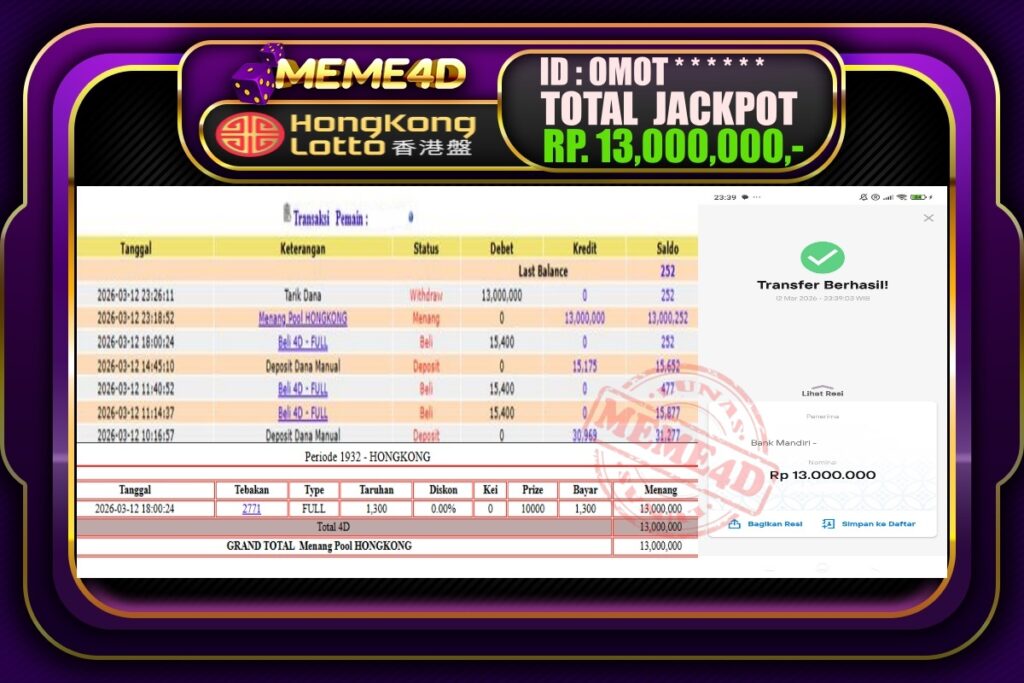 Bukti Jp MEME4D Togel Online 13 March 2026
