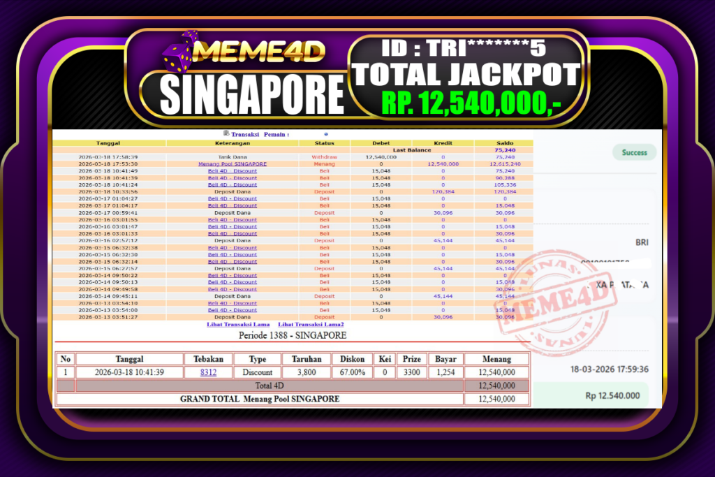 Bukti Jp MEME4D Togel Online 18 March 2026