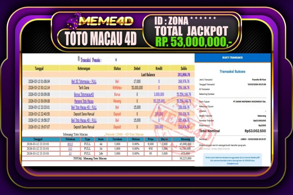 Bukti Jp MEME4D Togel Online 13 March 2026