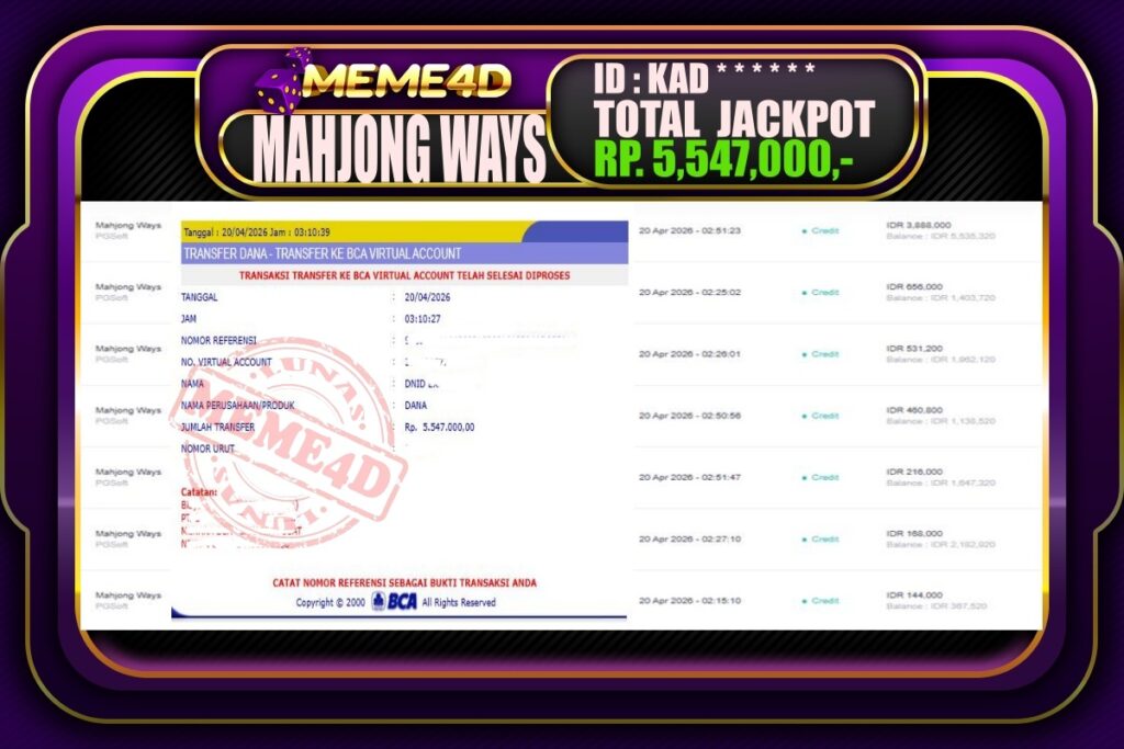Bukti Jp MEME4D Slot Online 20 April 2026